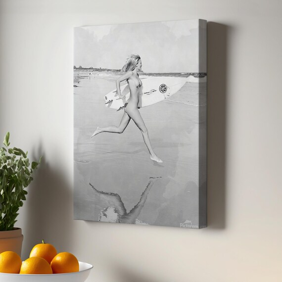 Artistic Nude Surfer Black White Beach Photo Running Surfboard Poster