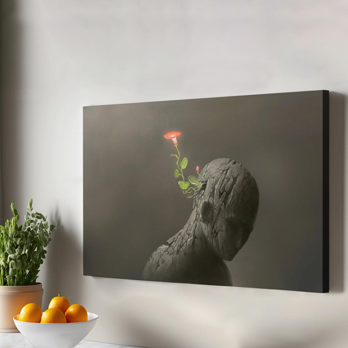 Surreal Stone Head With Red Flower Growth Symbolic Canvas Poster