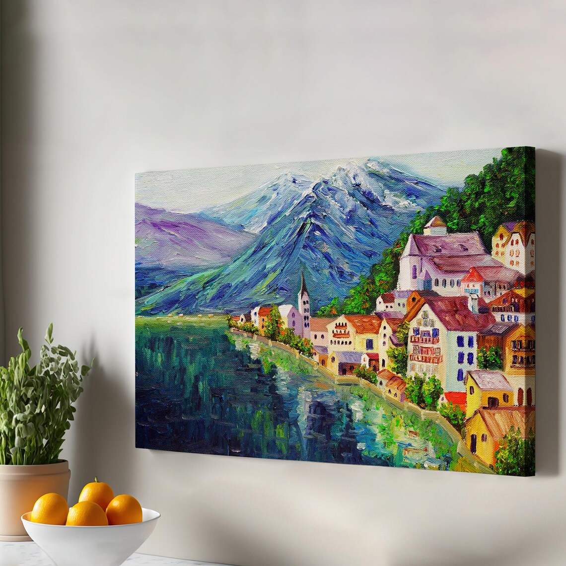 Hallstatt Austria Oil Painting Lakeside Village Alpine Peaks Poster