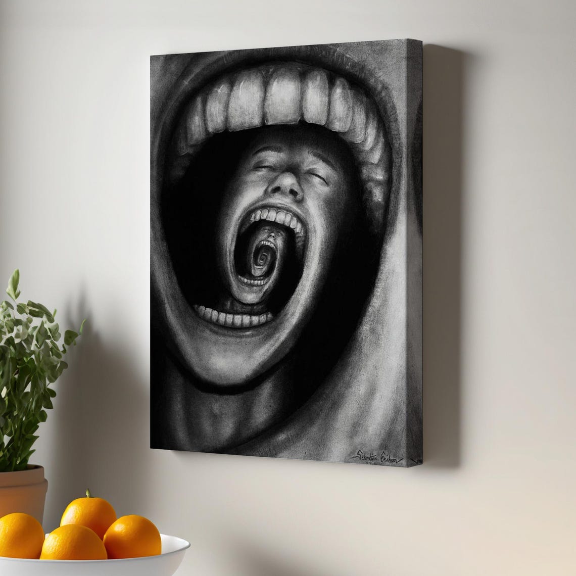 Endless Screaming Mouth Tunnel Surreal Charcoal Anxiety Wall Art