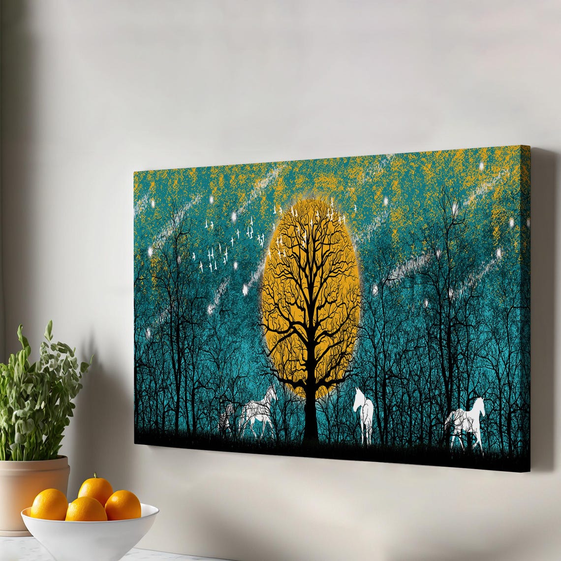 Horses Roaming In The Forest At Midnight Canvas Art Abstract Wall Modern Decor Framed