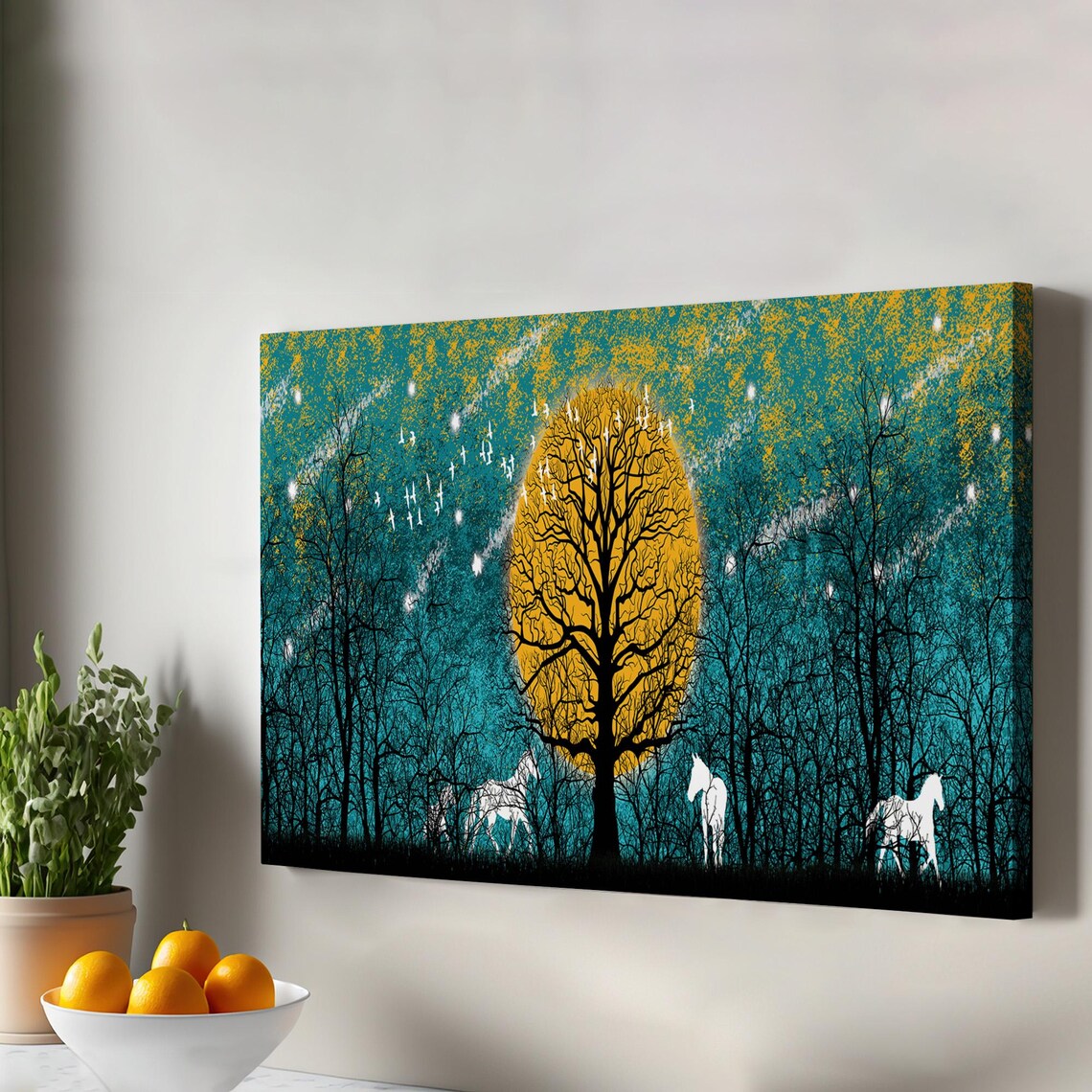 White Horses Midnight Teal Forest Golden Moon Mystical Canvas Art Poster