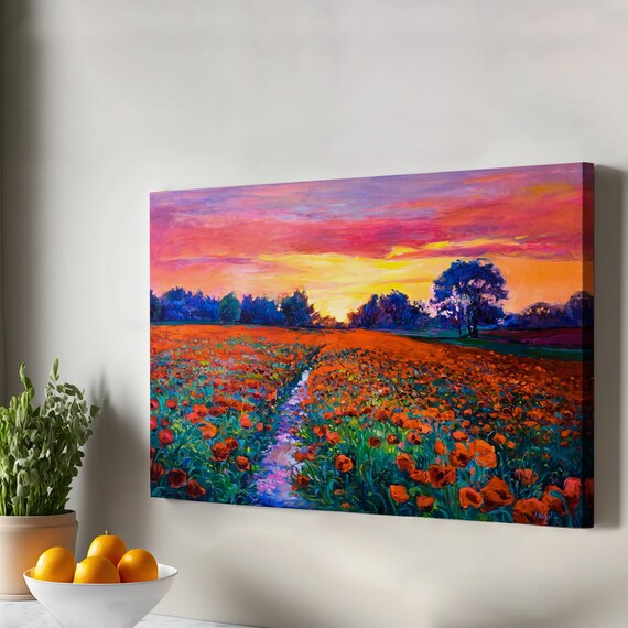 Red Poppy Field Sunset Impressionist Oil Painting Landscape Poster