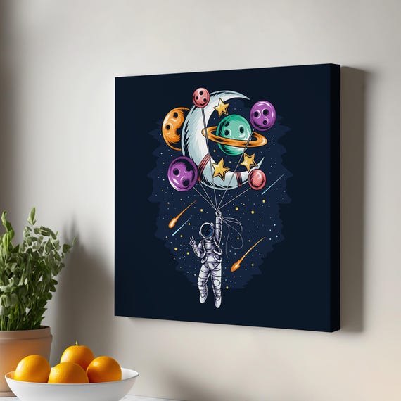 Astronaut Flying With The Moon And Planets Painting Illustration Canvas Wall Art Large Print