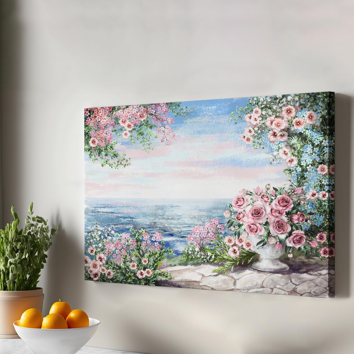 Ocean View Pink Roses Seaside Floral Oil Painting Style Poster