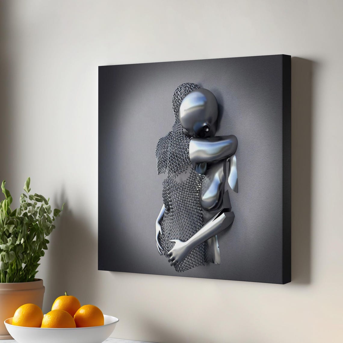 Silver Metallic Embrace Surreal Sculpture Couple Love Art Poster