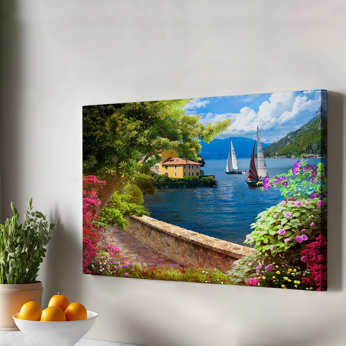 Lakeside Villa Sailboats Flower Garden Terrace View Art Poster