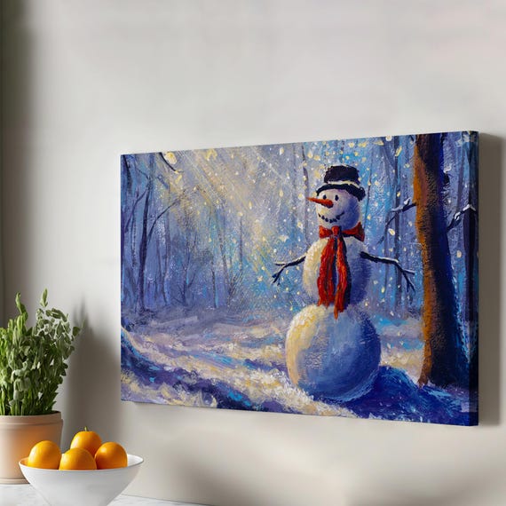 Snowman Illuminated By Sunrays In The Forest Painting Nature Canvas Art Wall Decor Landscape Table
