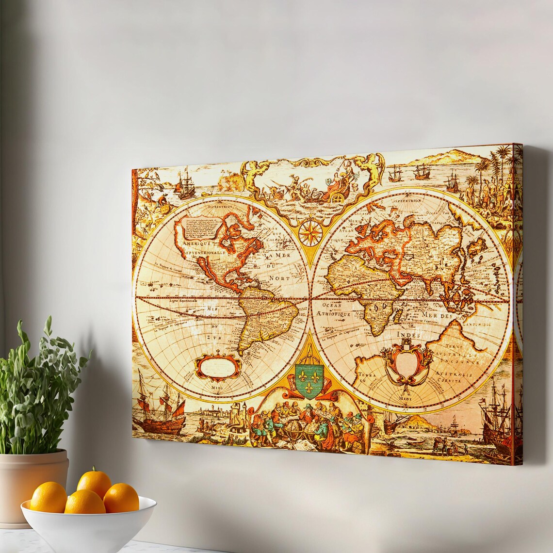 Vintage Retro World Map Painting Framed Canvas Wall Art Large Hanging Modern Decor Classic