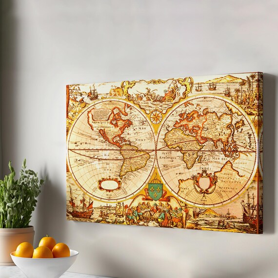 Vintage Retro World Map Painting Framed Canvas Wall Art Large Hanging Modern Decor Classic