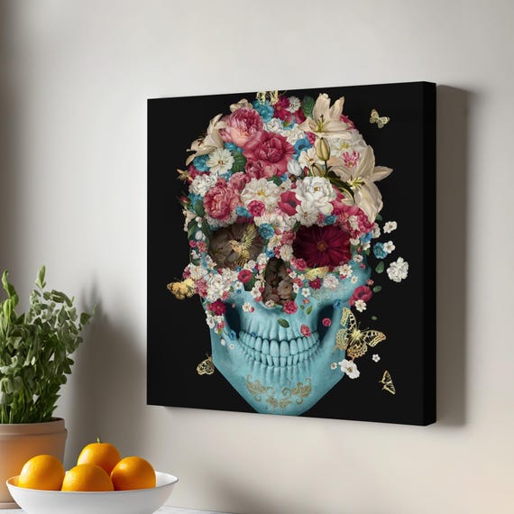 Colorful Flower Skull Canvas Print Day Of The Dead Prints Sugar Housewarming Gifts Large Wall Art Minimal