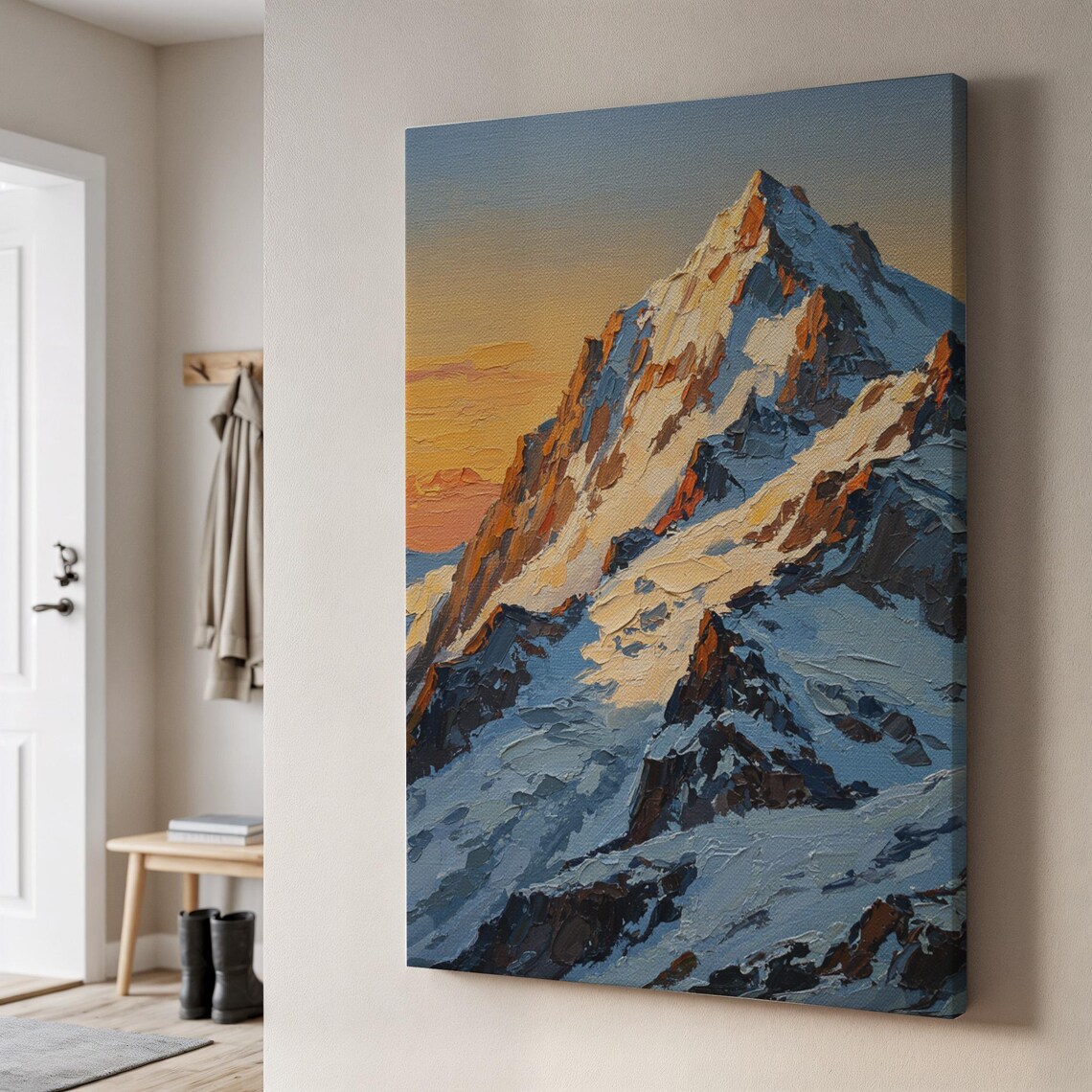 Snowy Mountain Peak Golden Sunset Oil Painting Canvas Nature Wall Art