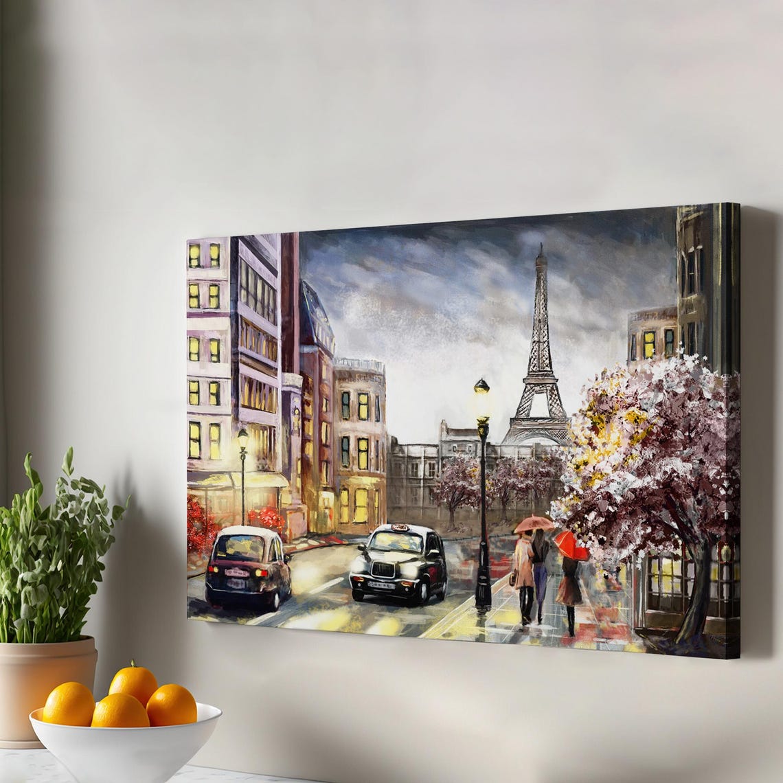 Eiffel Tower Paris Evening Canvas Wall Art with Street and Blossoms