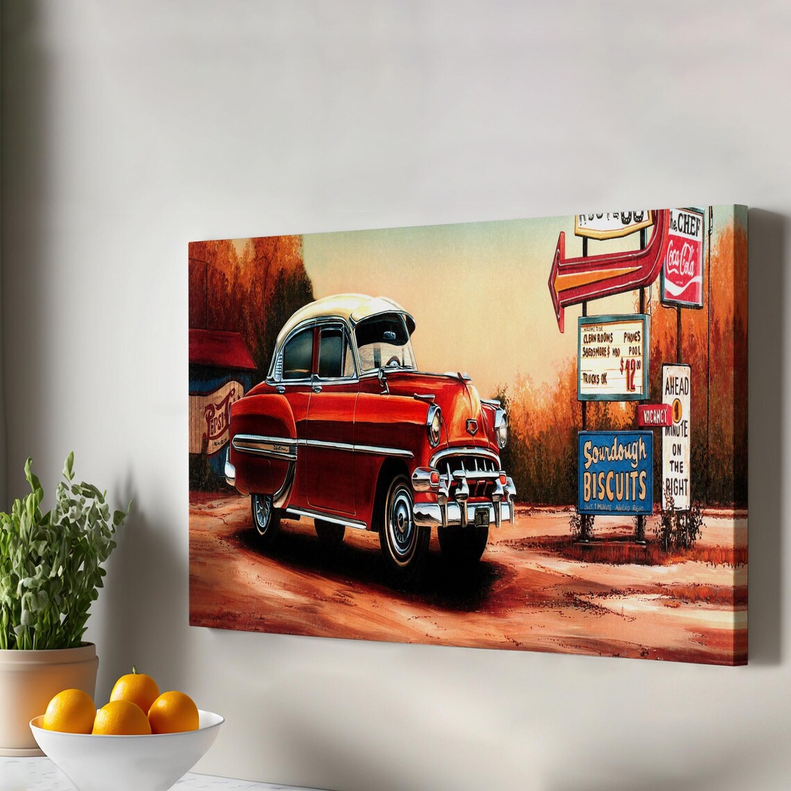 Red 1950s Classic Car Roadside Diner Signs Vintage Americana Poster