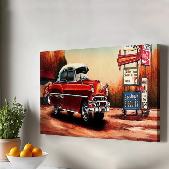 Red Classic Car Art Framed Canvas Wall Street Print Large Modern Decor Housewarming Gifts