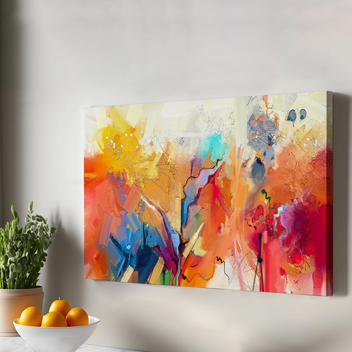 Colorful Abstract Brush Stroke Oil Painting Vibrant Orange Blue Modern Wall Art