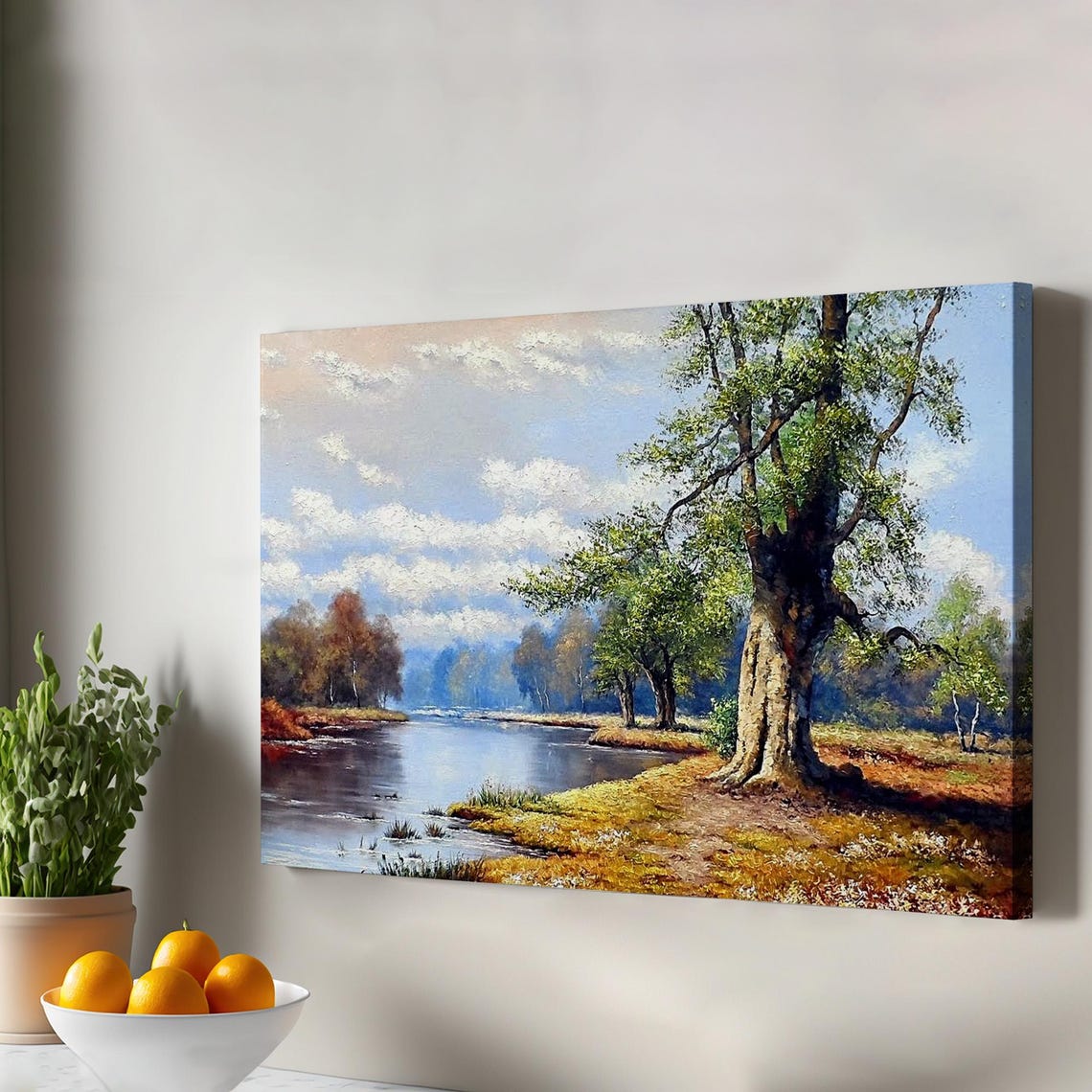 River Bend Autumn Oak Trees Peaceful Landscape Oil Style Poster