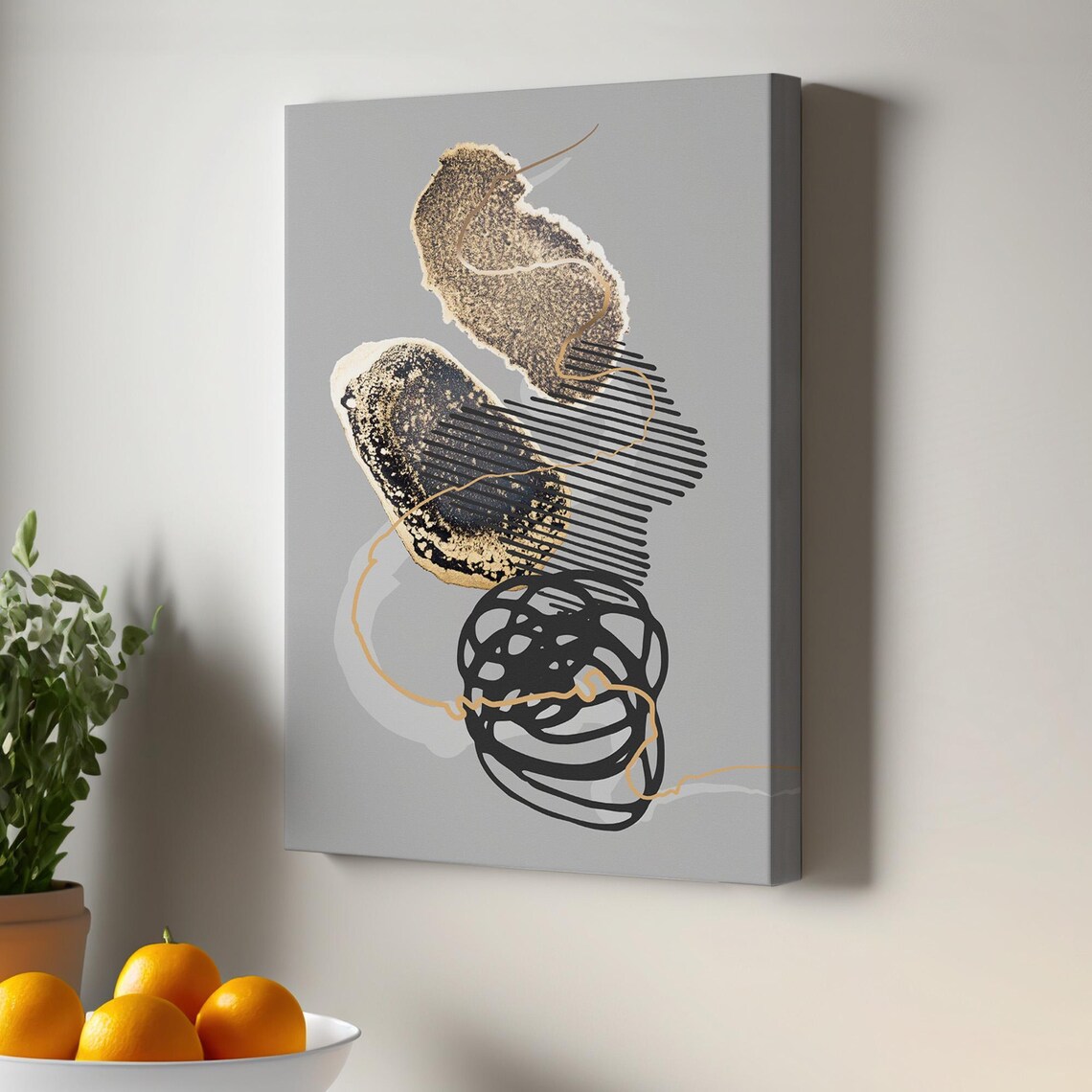 Minimalist Gold Black Abstract Shapes Gray Background Modern Art Poster