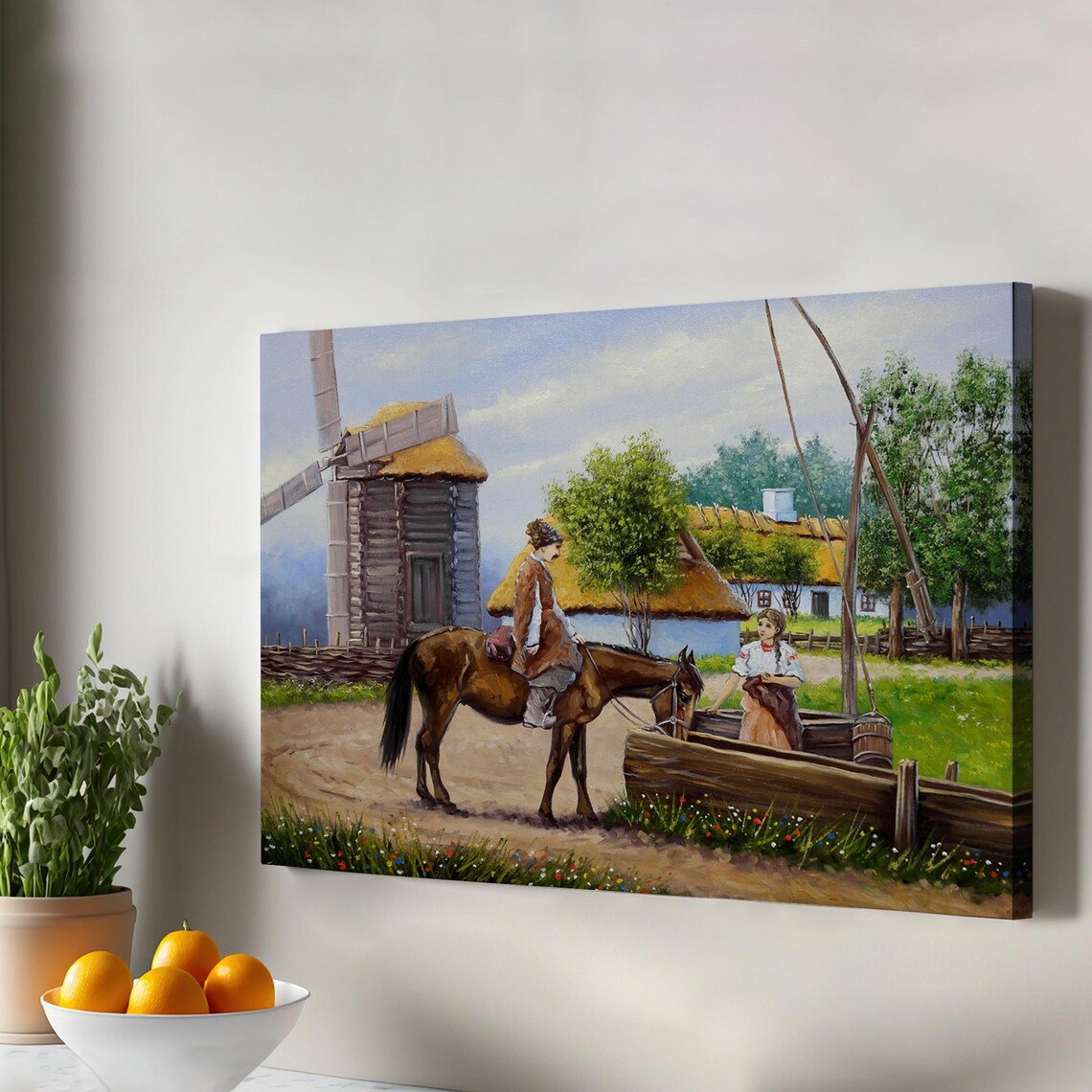 Village Horseman Well Windmill Oil Painting Rustic Countryside Art Poster