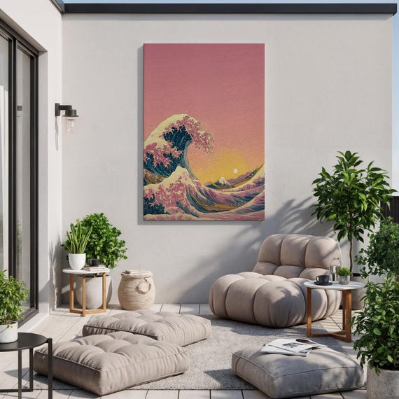 Pastel Wave Canvas Wall Art Japanese Ocean Sunset Print Mount Fuji Inspired Hokusai Style Decor Framed Gift For Zen And Coastal Spaces