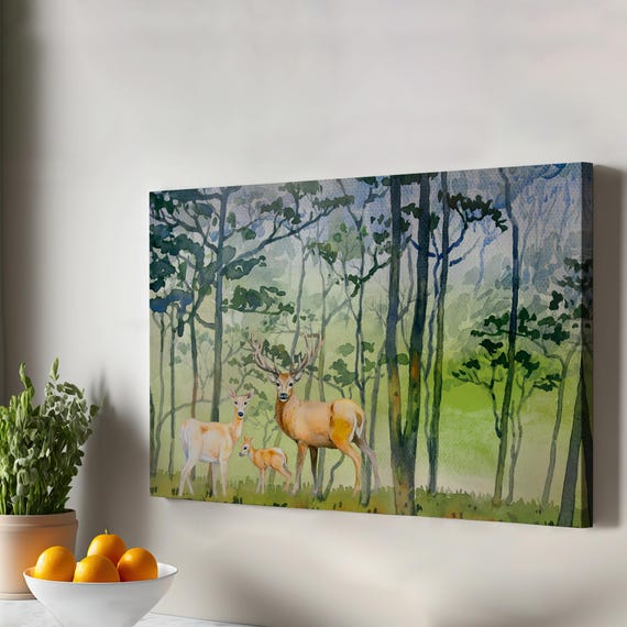 Deer Family Watercolor Look Decorative Canvas Wall Art Large Housewarming Gifts Decor Gift For Nature Enthusiasts