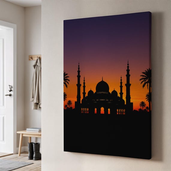 Mosque Sunset Canvas Wall Art Islamic Architecture Silhouette Spiritual Home Decor Framed Ramadan Eid Gift For Peace Reflection