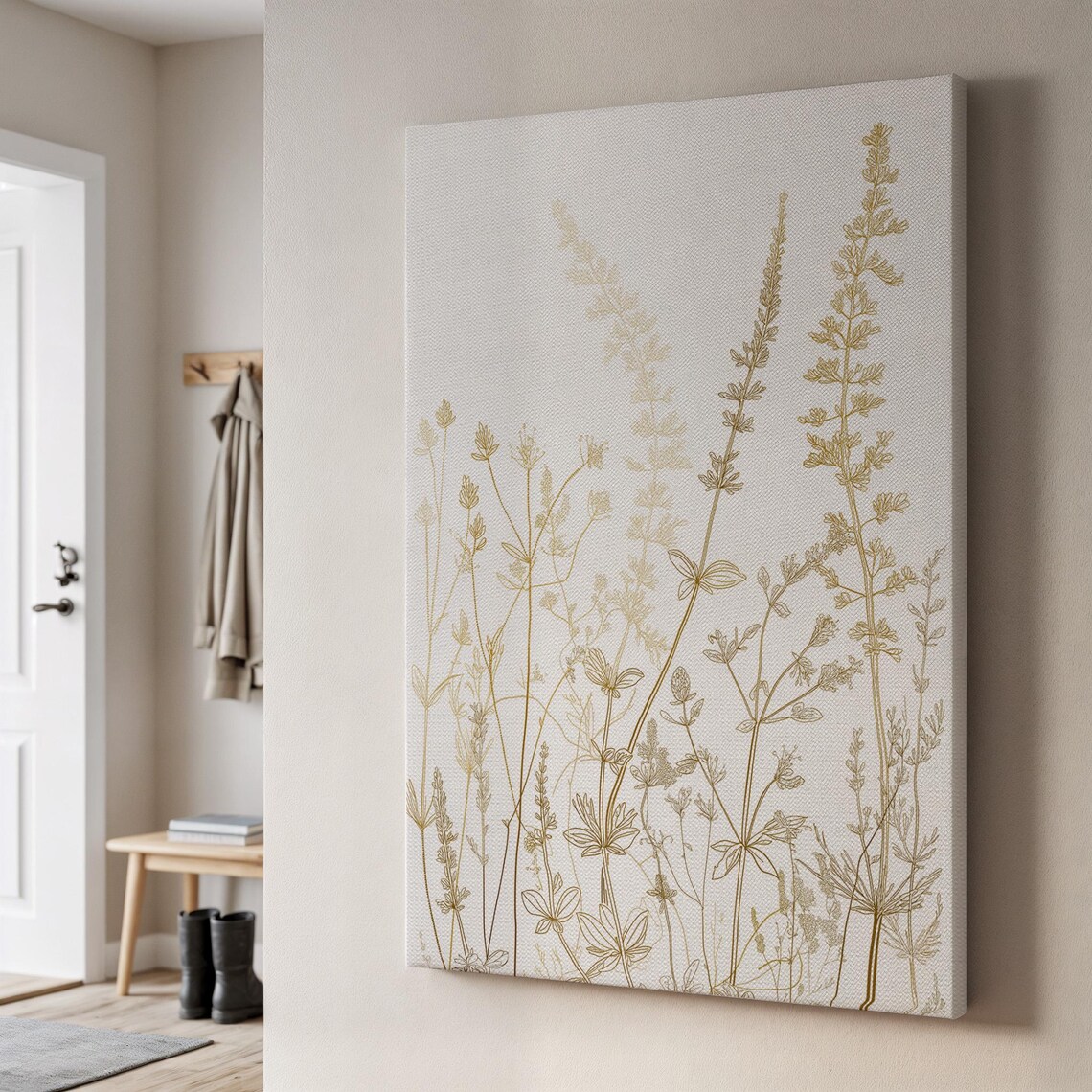Minimalist Botanical Art Print, Gold Flowers And Leaves
