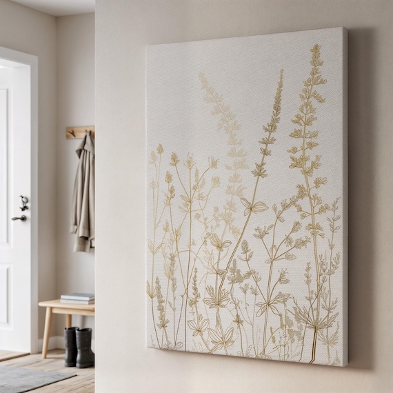 Minimalist Botanical Art Print, Gold Flowers And Leaves