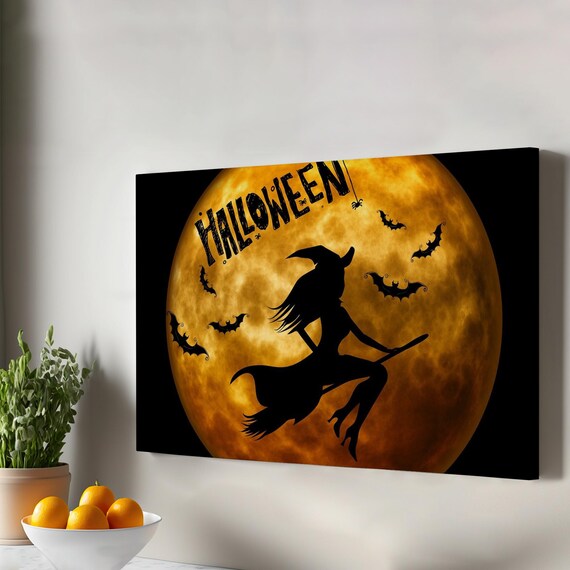 Witch On A Broom Wall Art Halloween Flying Decorative Painting Large Housewarming Gifts Framed Canvas