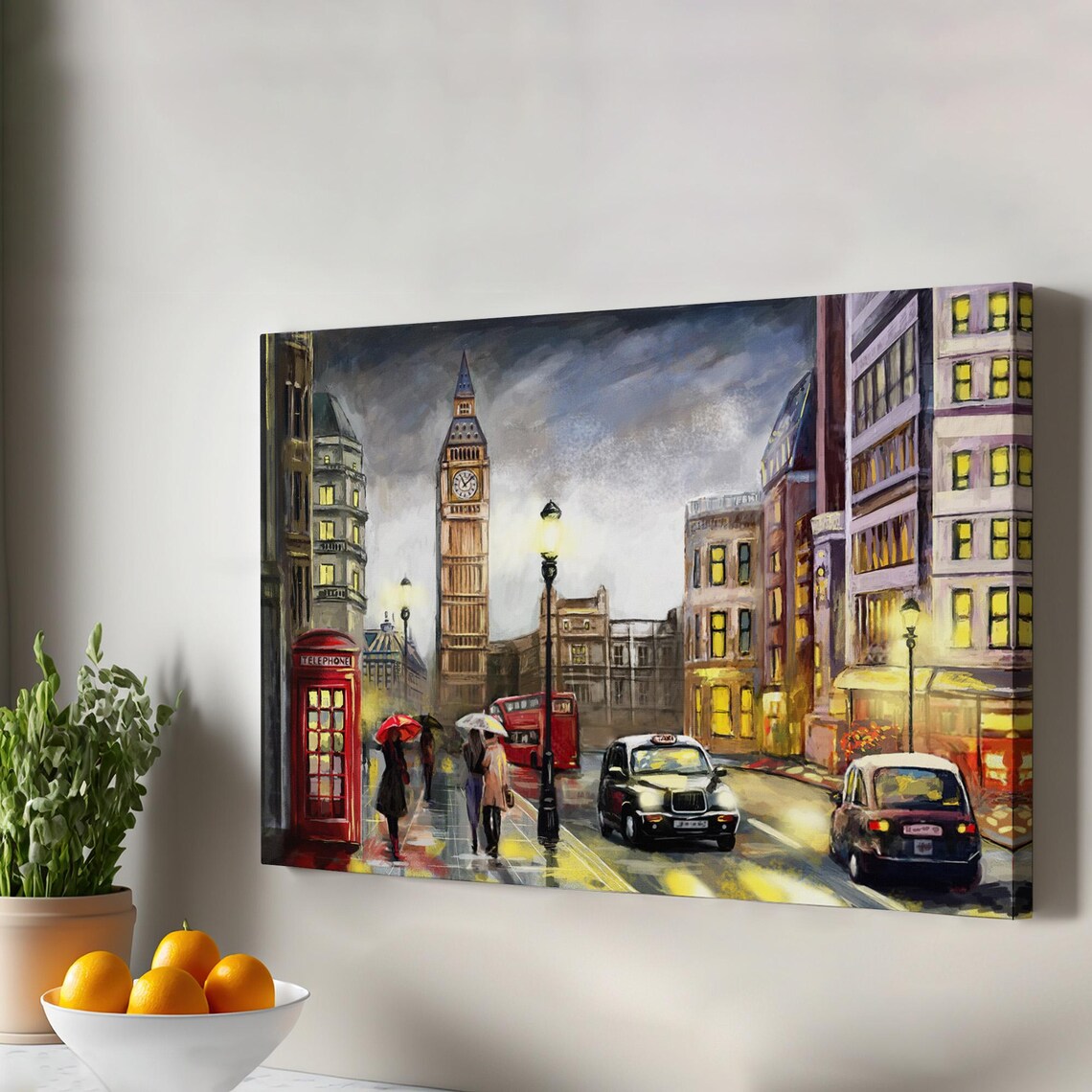 London Big Ben Night Rain Red Bus Oil Painting Street Scene Art Poster