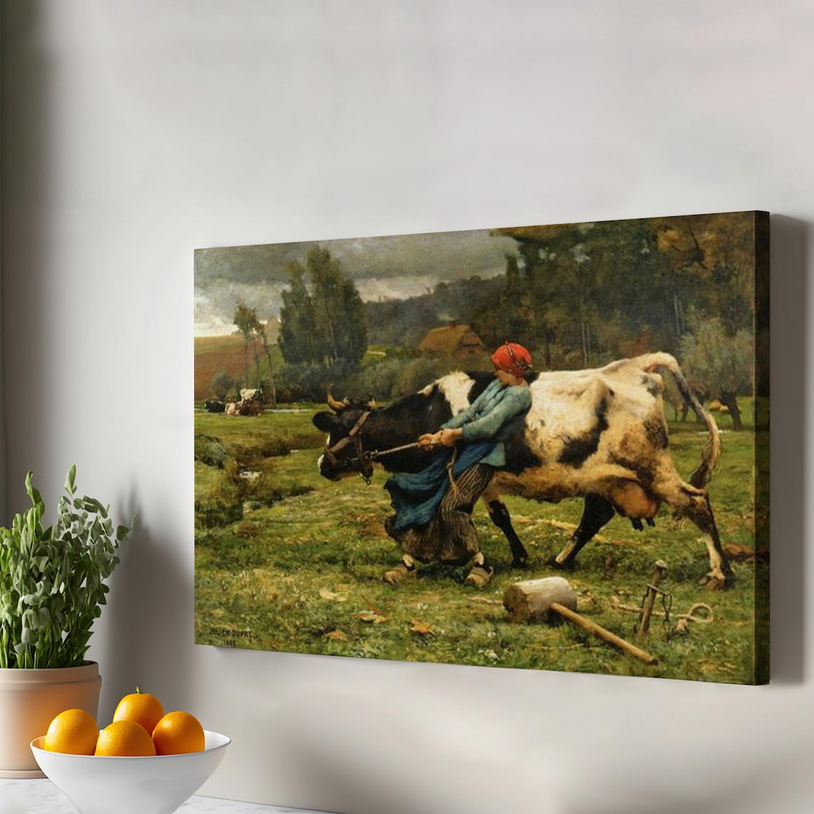 Girl With A Cow Classic Art Print, Farmhouse Decor
