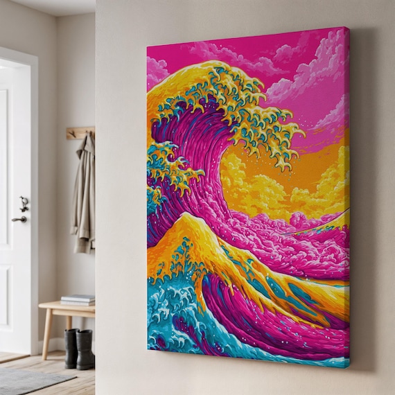 Neon Great Wave Psychedelic Ocean Colorful Japanese Pop Art Poster