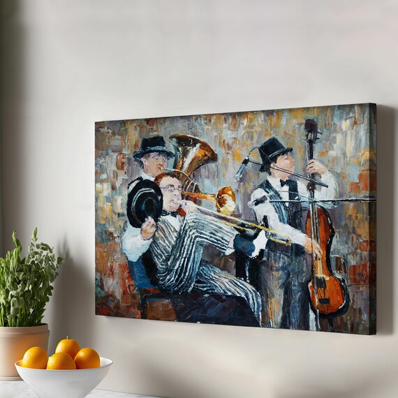 Jazz Musicians Oil Painting Trombone Tuba Bass Live Music Wall Art