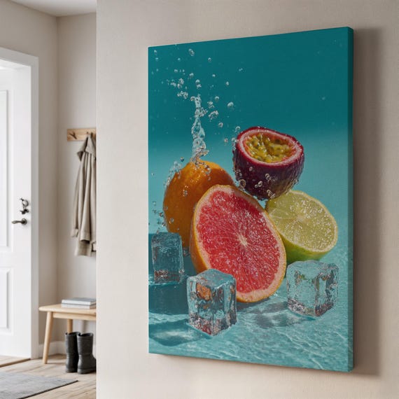 Fresh Citrus Splash Canvas Art Vibrant Fruit With Ice Cubes In Water Refreshing Tropical Wall Decor For Kitchen Colorful Drink Artwork