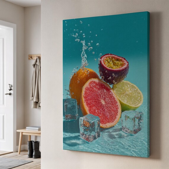 Fresh Citrus Splash with Ice Cubes Vibrant Fruit Kitchen Poster