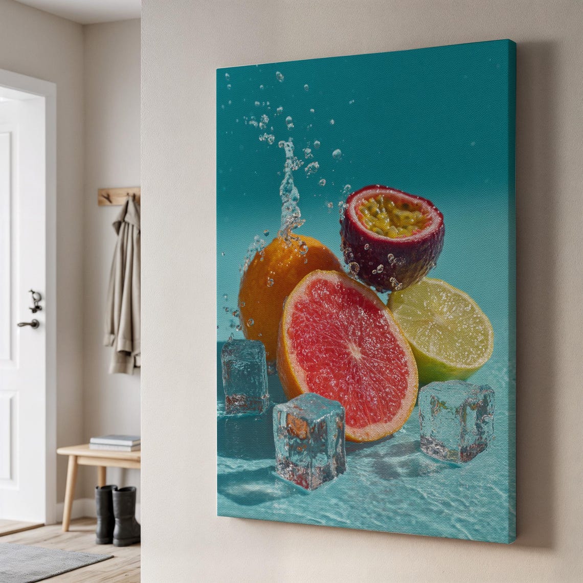 Fresh Citrus Splash with Ice Cubes Vibrant Fruit Kitchen Poster
