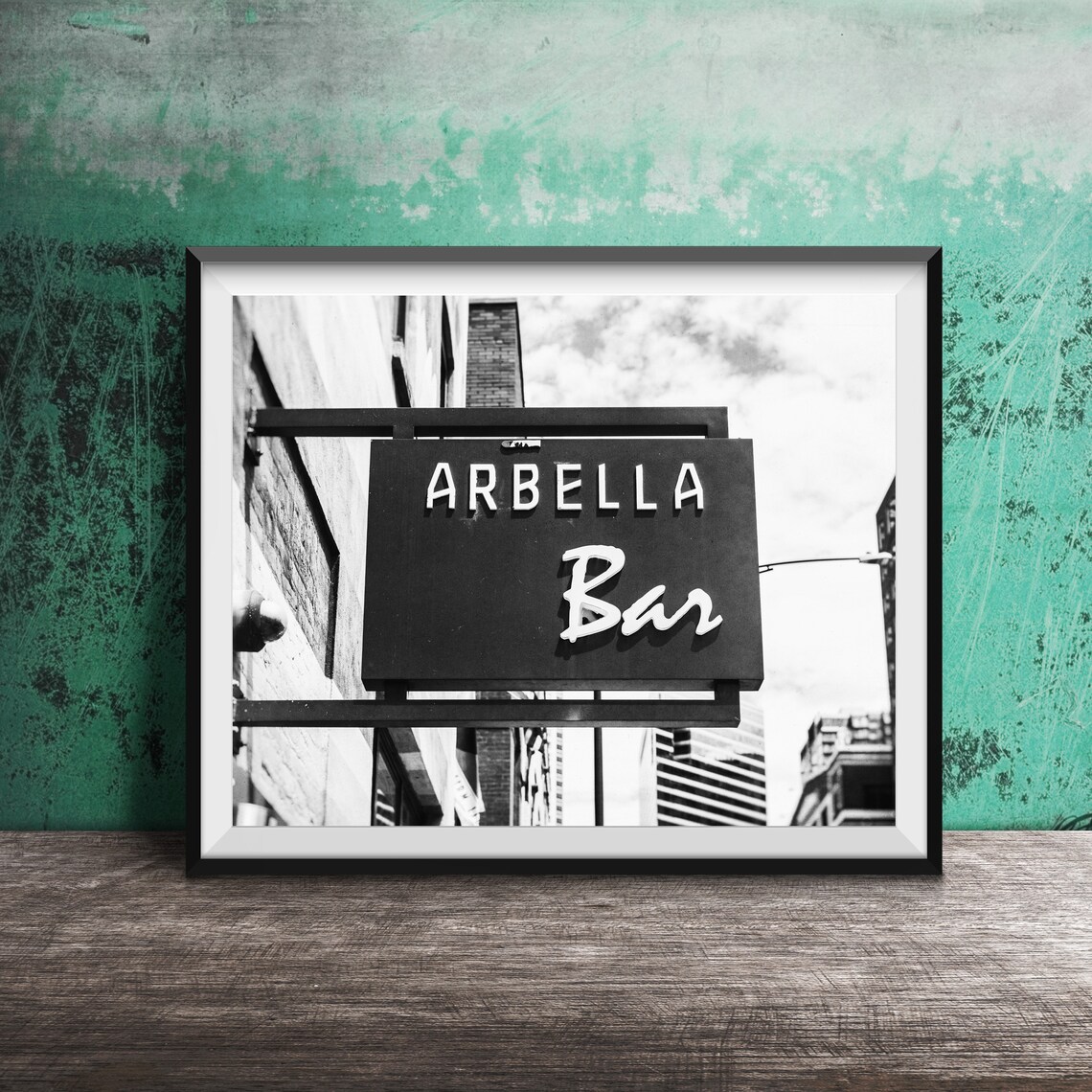 Arbella Bar Black Hanging Sign Blue Sky Cityscape Photography Poster - Image 2