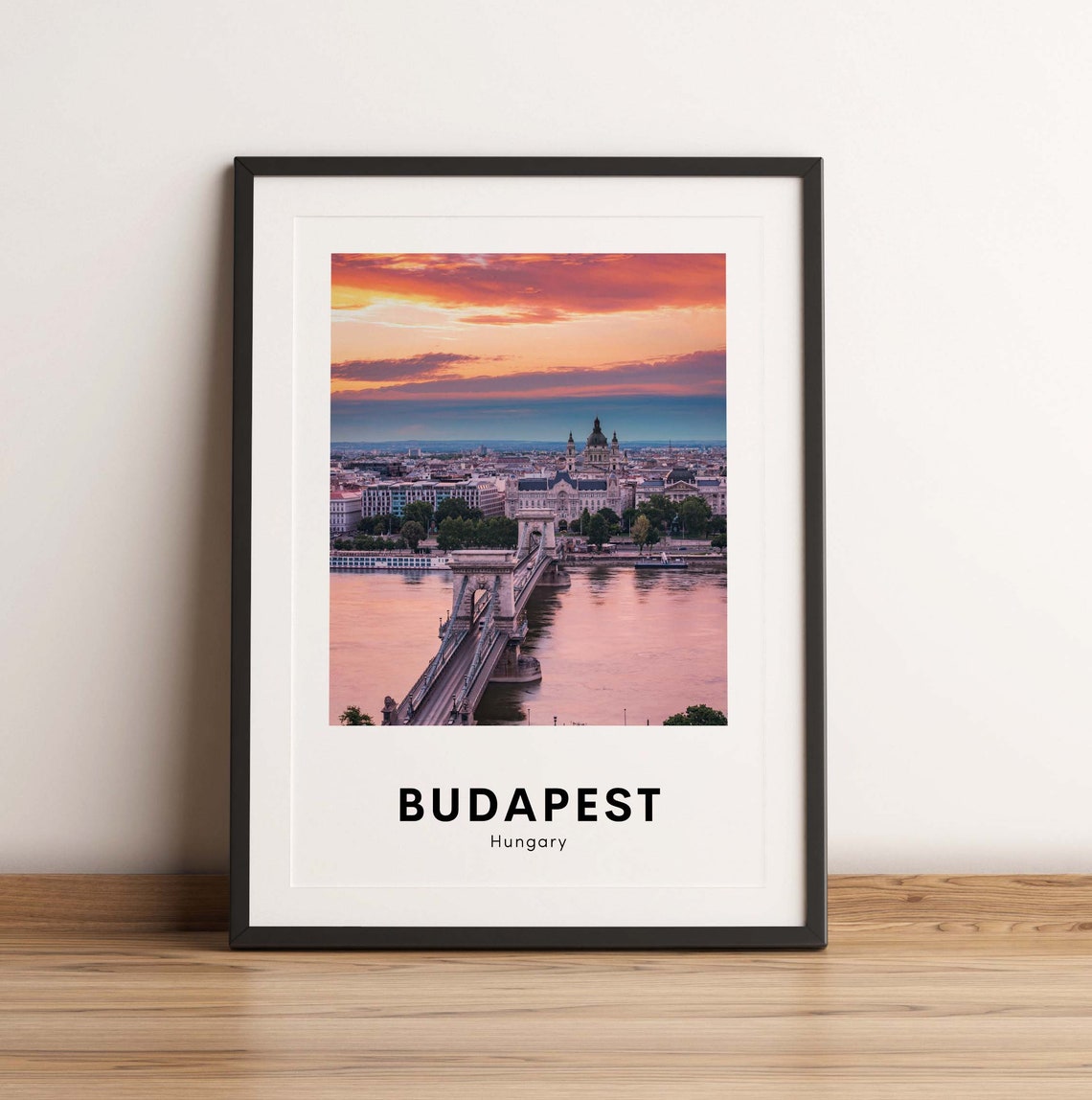 Budapest Hungary Chain Bridge Sunset Over Danube City Photo Poster