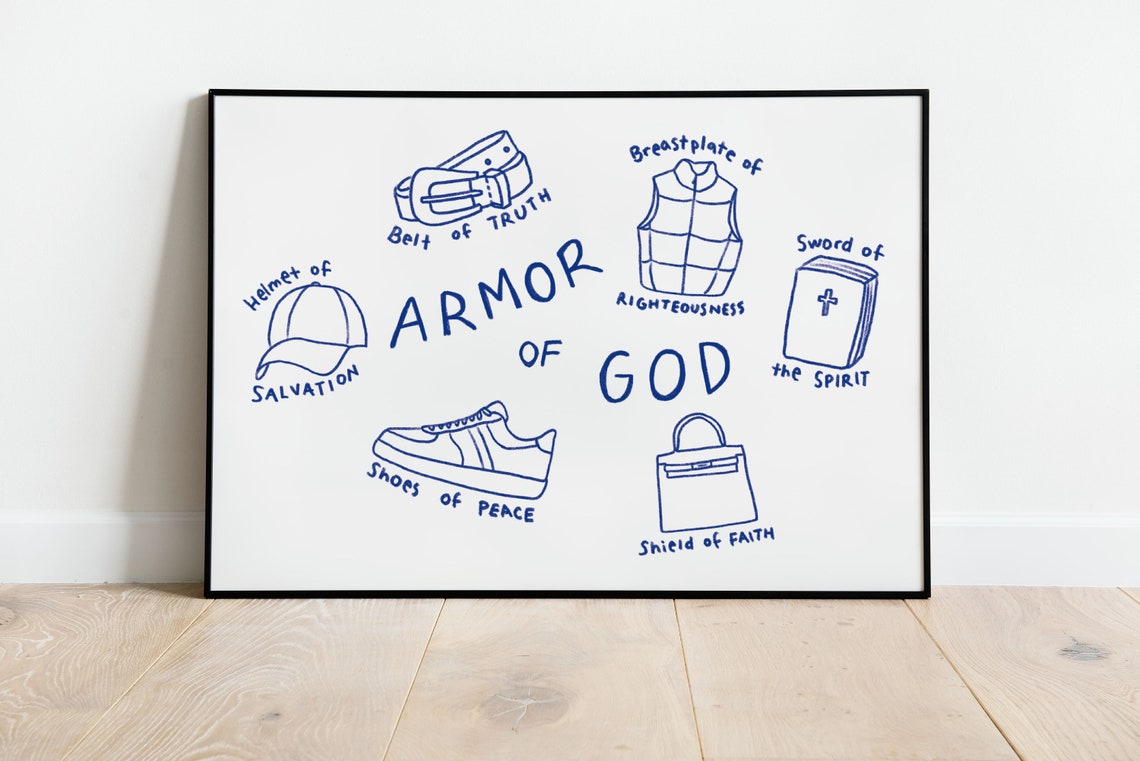 Armor of God Ephesians 6 Doodle Blue Line Faith Wall Decor Poster
