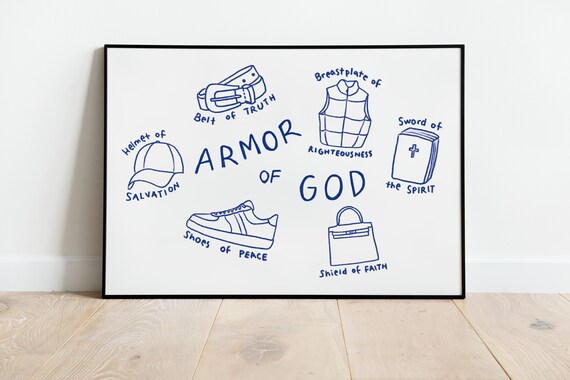 Armor of God Ephesians 6 Doodle Blue Line Faith Wall Decor Poster