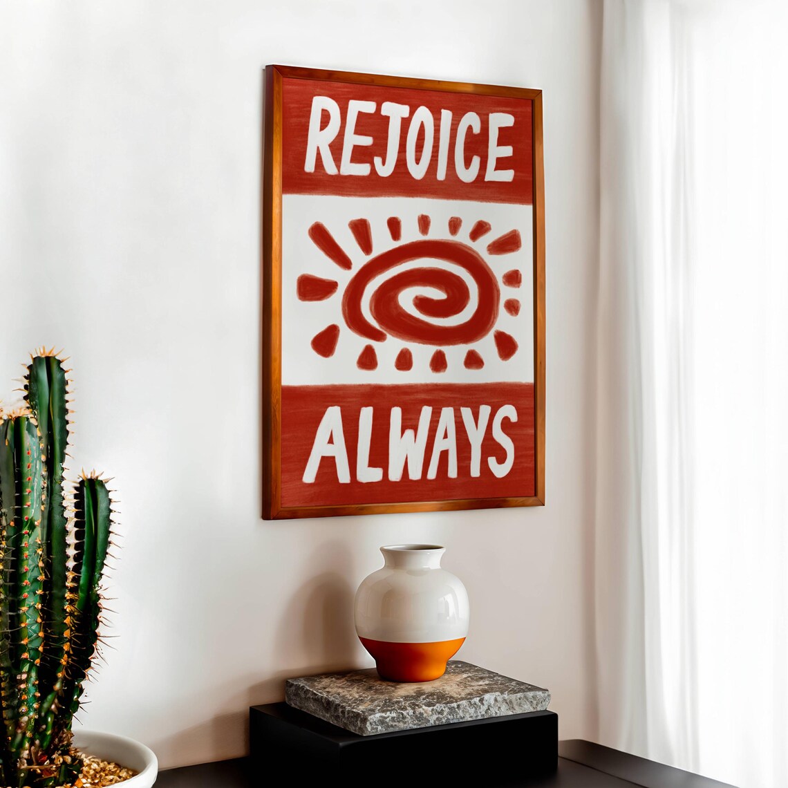 Rejoice Always Terracotta Spiral Sun Retro Bible Verse Poster - Image 2