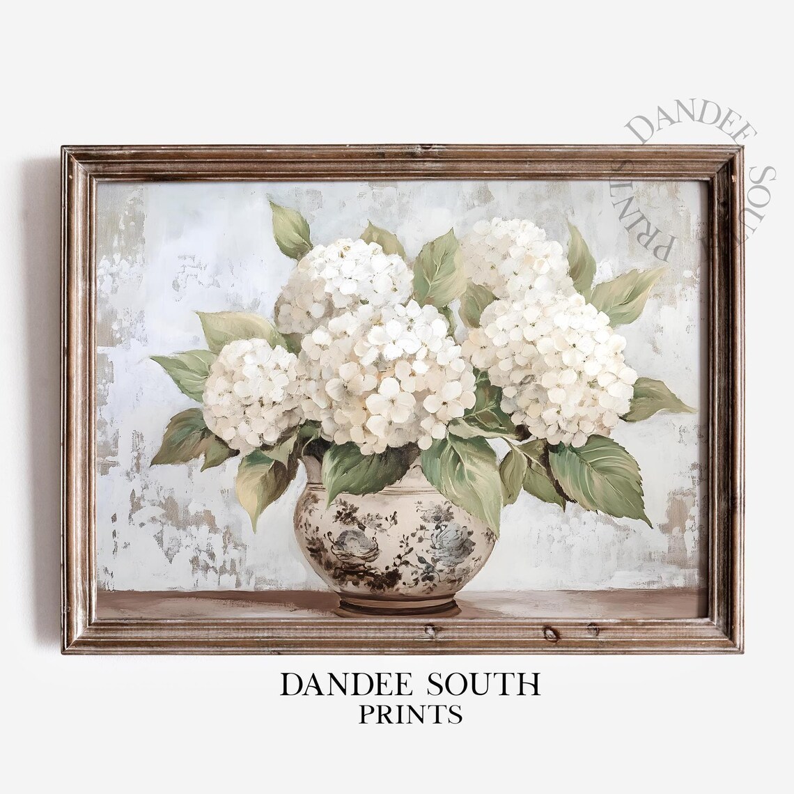 White Hydrangea Bouquet Vintage Vase Farmhouse Floral Painting Poster