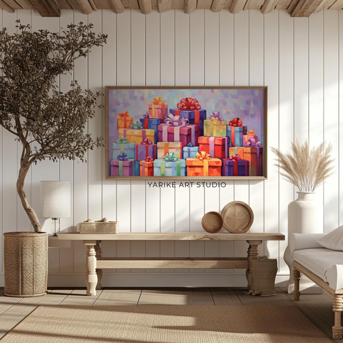 Colorful Christmas Gift Boxes Pile Oil Painting Holiday Poster - Image 2