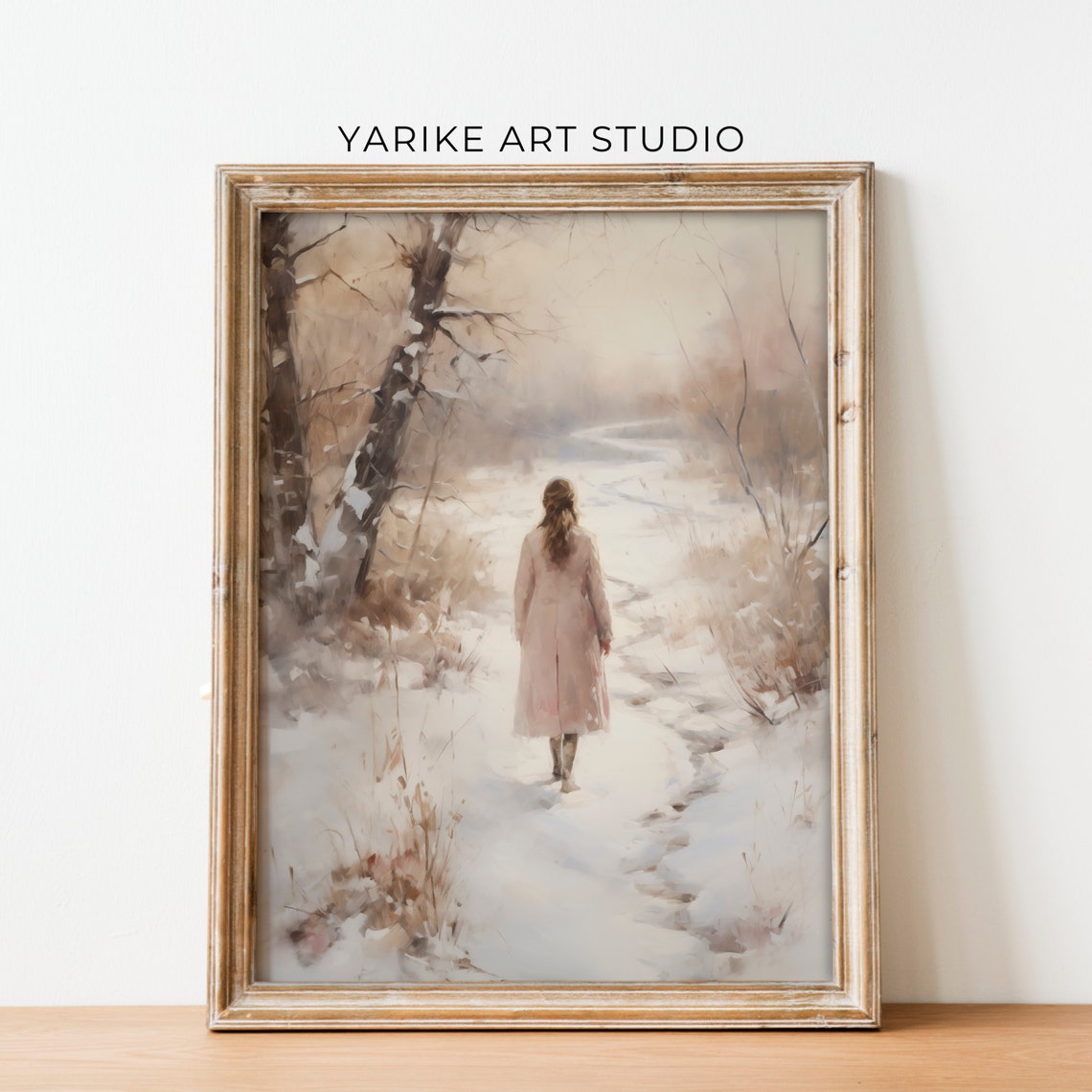Woman Walking Snowy Winter Forest Path Soft Watercolor Poster - Image 5
