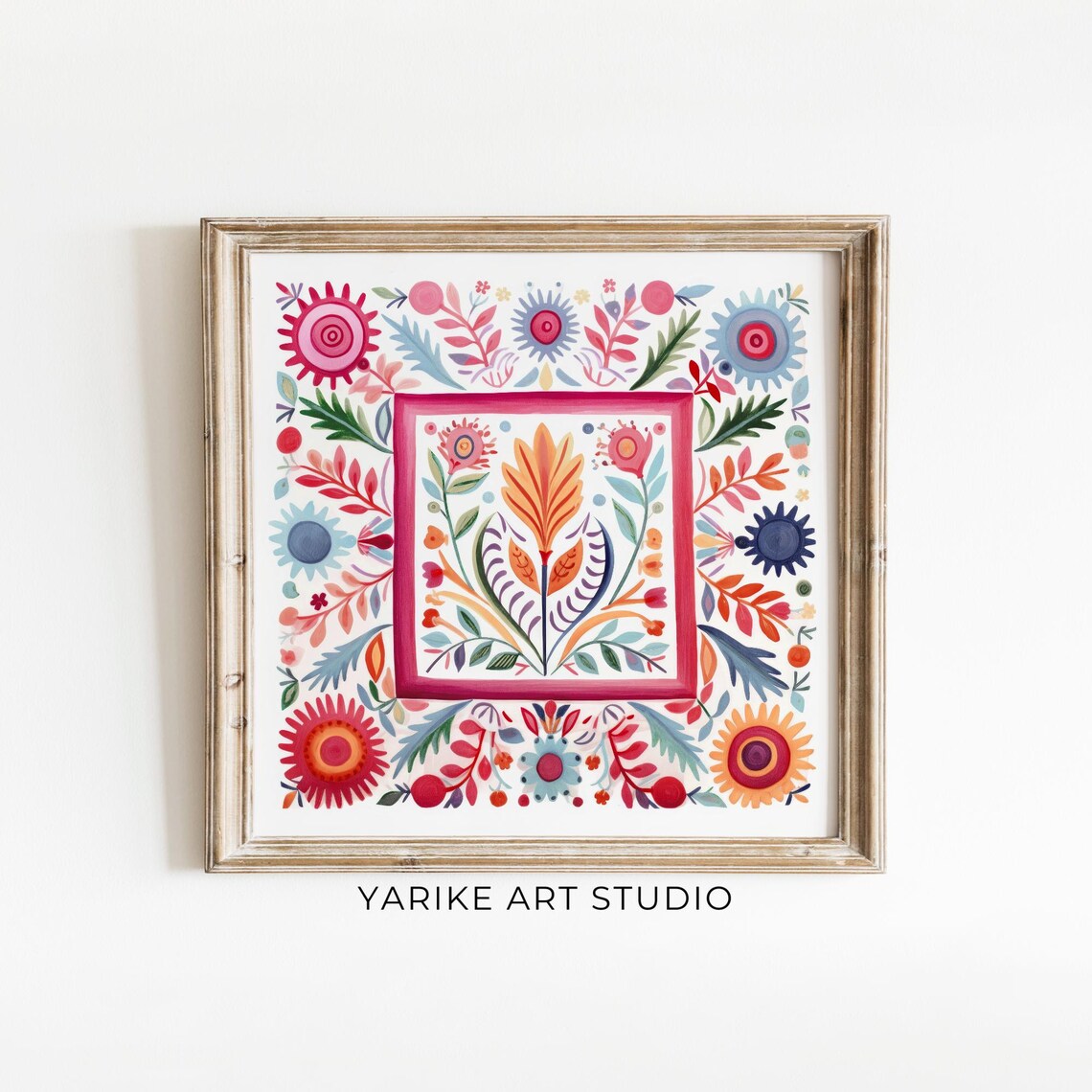 Folk Art Floral Square Mandala with Symmetrical Botanical Design Print