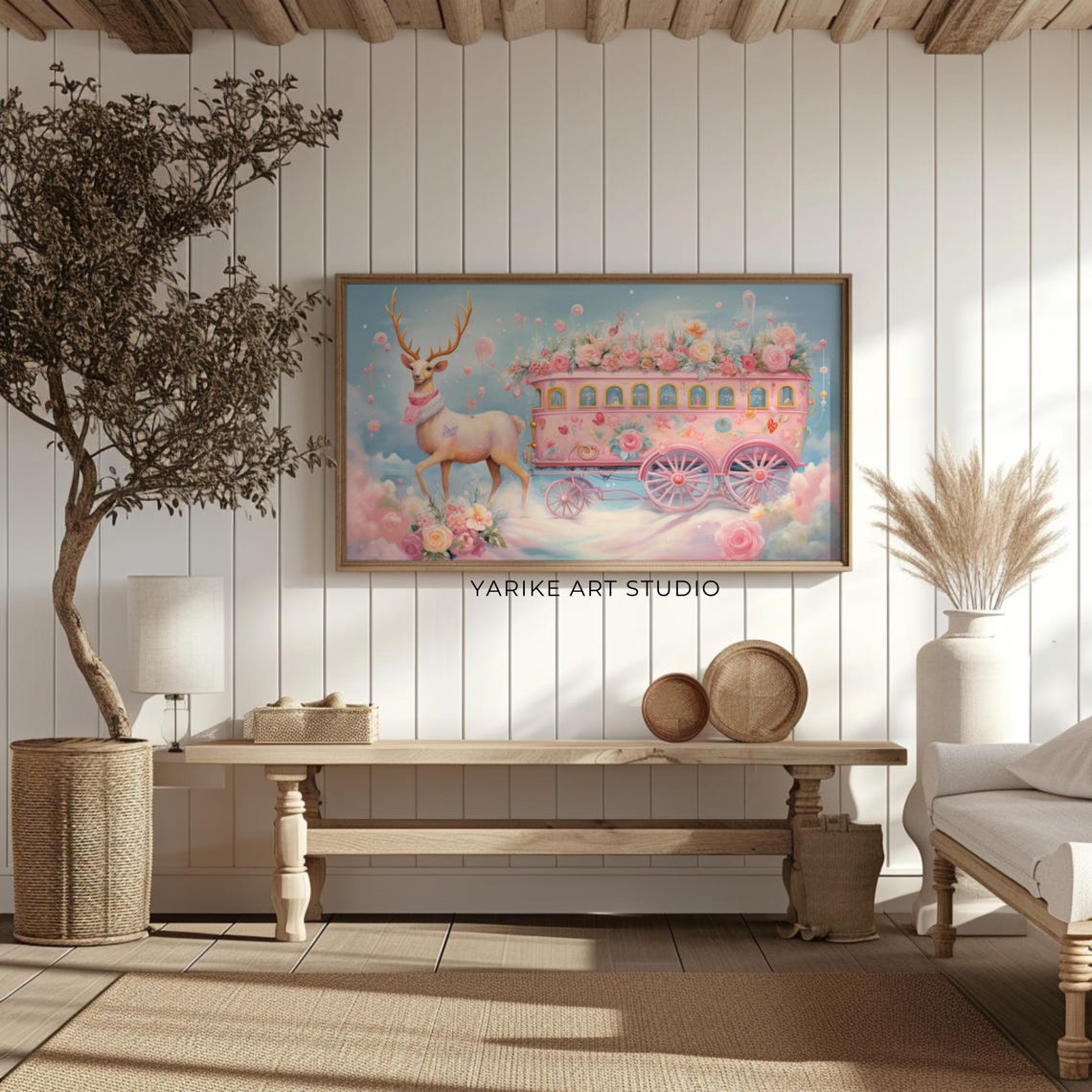 Pastel Pink Deer Flower Carriage Whimsical Christmas Scene Poster - Image 2