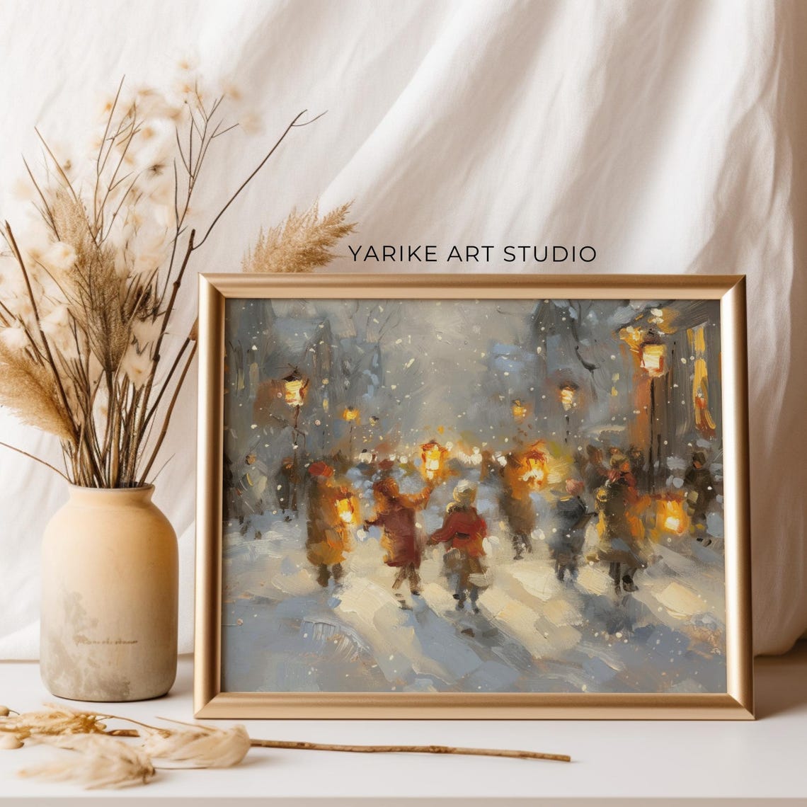 Children With Lanterns On Snowy Winter Night Street Scene Poster - Image 3
