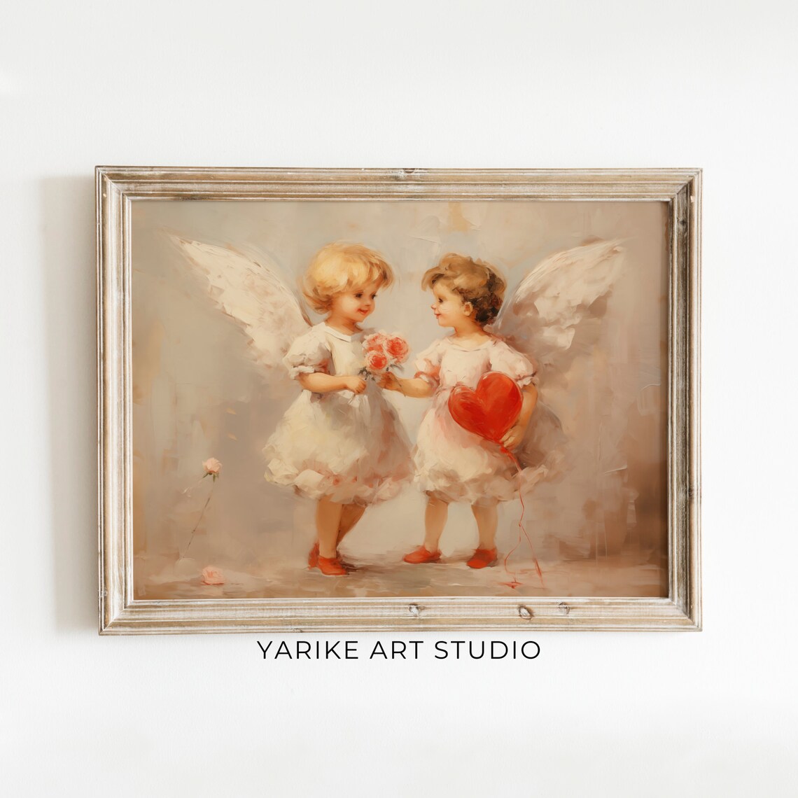 Two Vintage Cherub Angels with Heart and Roses Painting Poster - Image 6