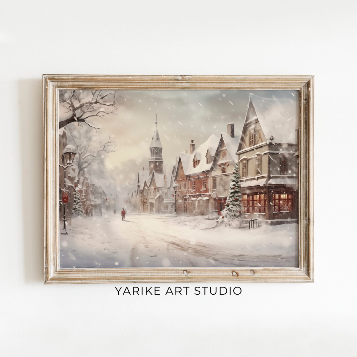 Snowy Old Town Street With Church Steeple Winter Morning Poster