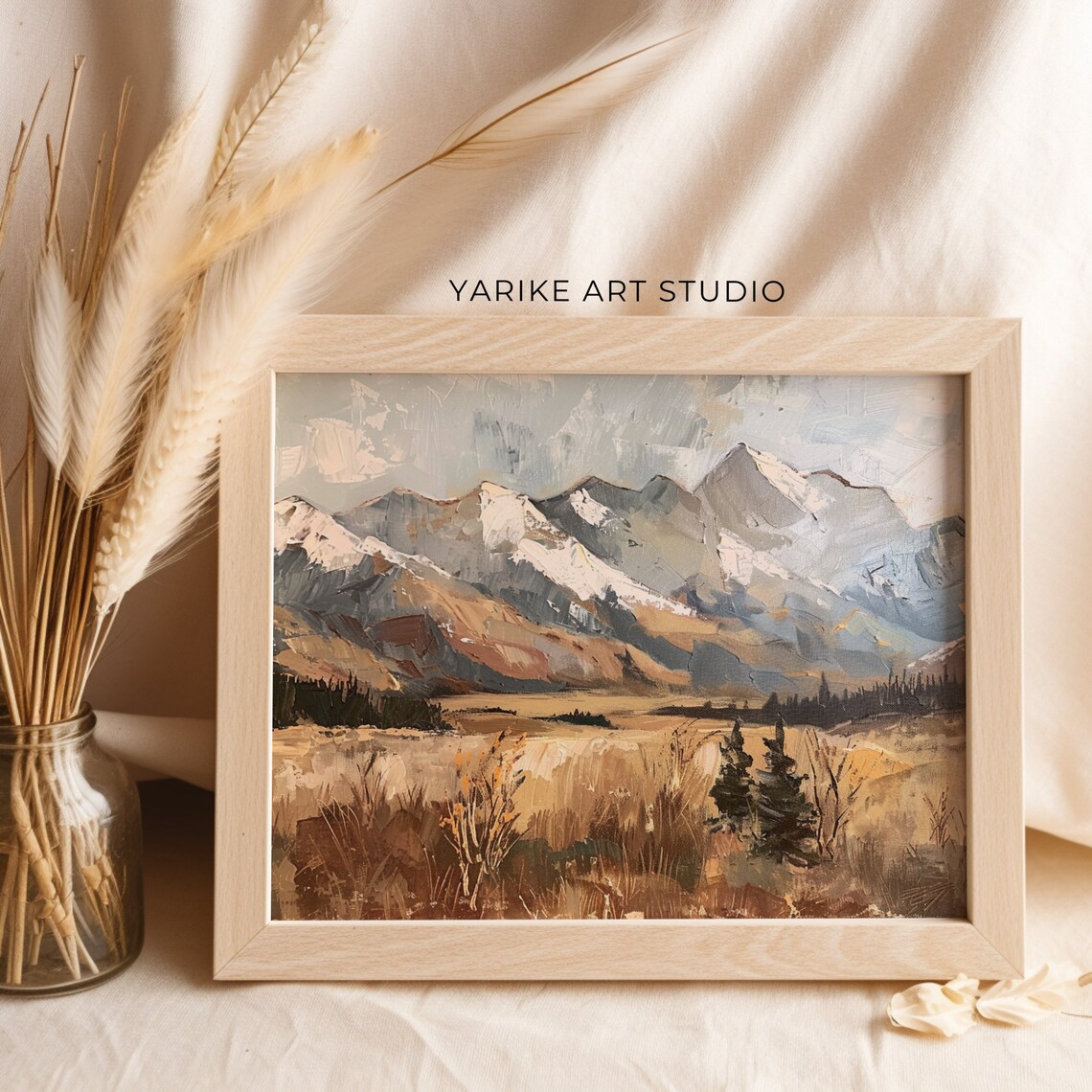 Snowy Mountain Peaks Over Golden Autumn Valley Oil Painting Poster - Image 2